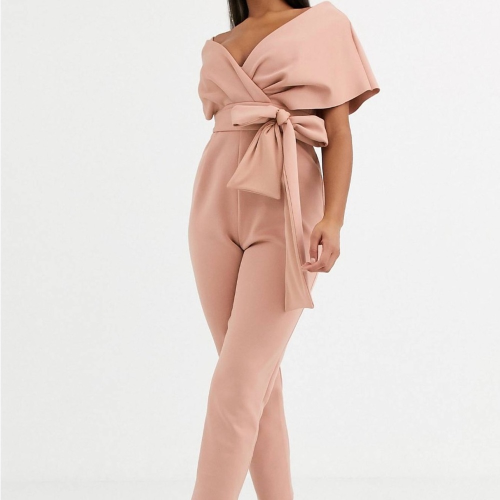 ASOS Off Shoulder Scuba Jumpsuit in Blush (size 12)